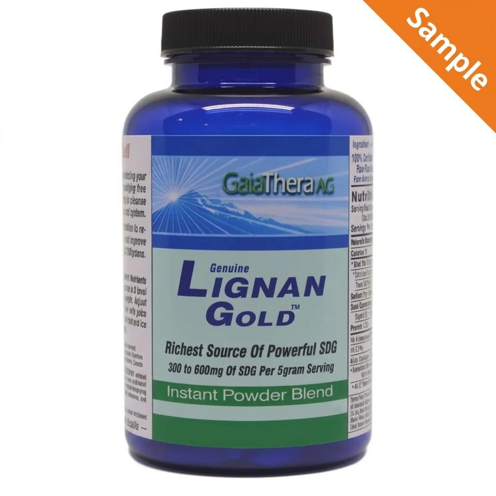 Lignan Gold flax lignan supplement bottle, rich source of powerful SDG, instant powder blend for health benefits.