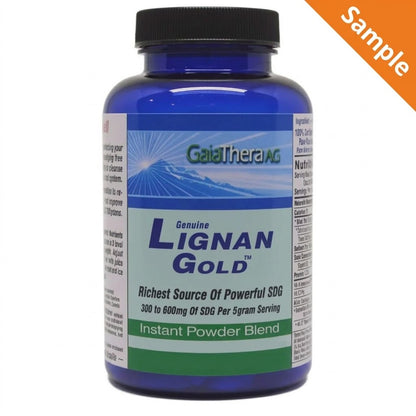 Lignan Gold flax lignan supplement bottle, rich source of powerful SDG, instant powder blend for health benefits.