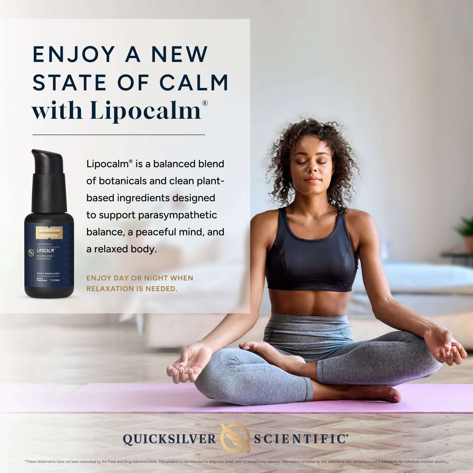 Melatonin-Free Sleep Supplement featuring LipoCalm and a woman meditating in a peaceful setting.