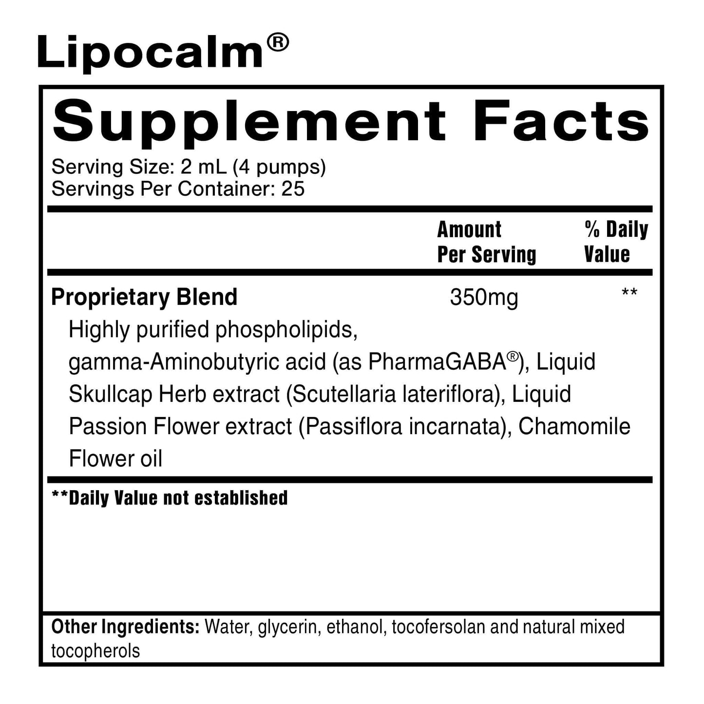 Supplement facts for LipoCalm, a Melatonin-Free Sleep Supplement, showing ingredients and serving information.