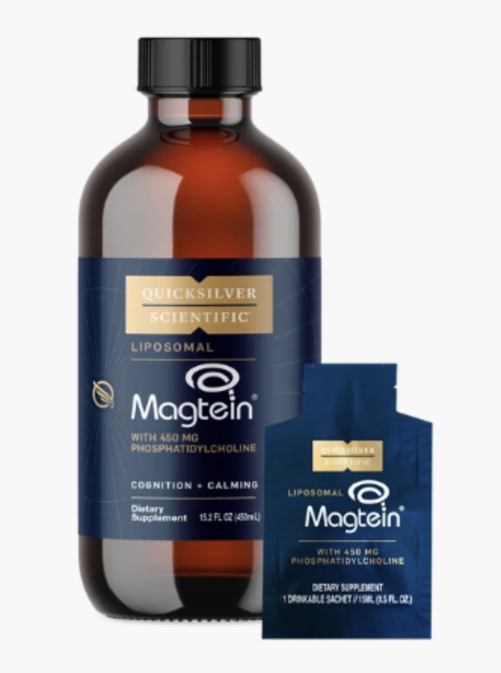 A bottle of Magtein Quicksilver Scientific liposomal dietary supplement next to a single-dose sachet, both in navy blue packaging with gold and white text, on a white background.