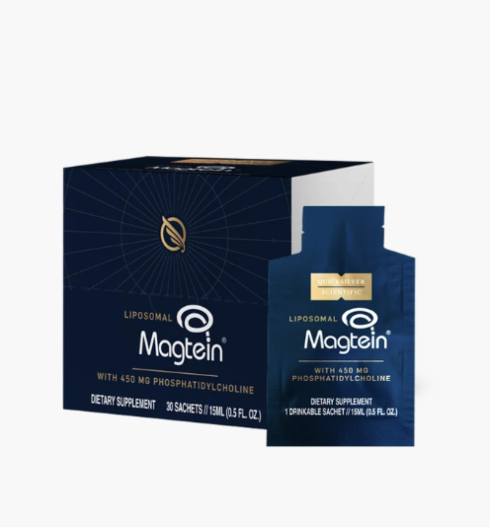 Magtein Liposomal dietary supplement packaging, showing a dark blue box and a matching single-serve sachet with white and gold text on a light gray background.