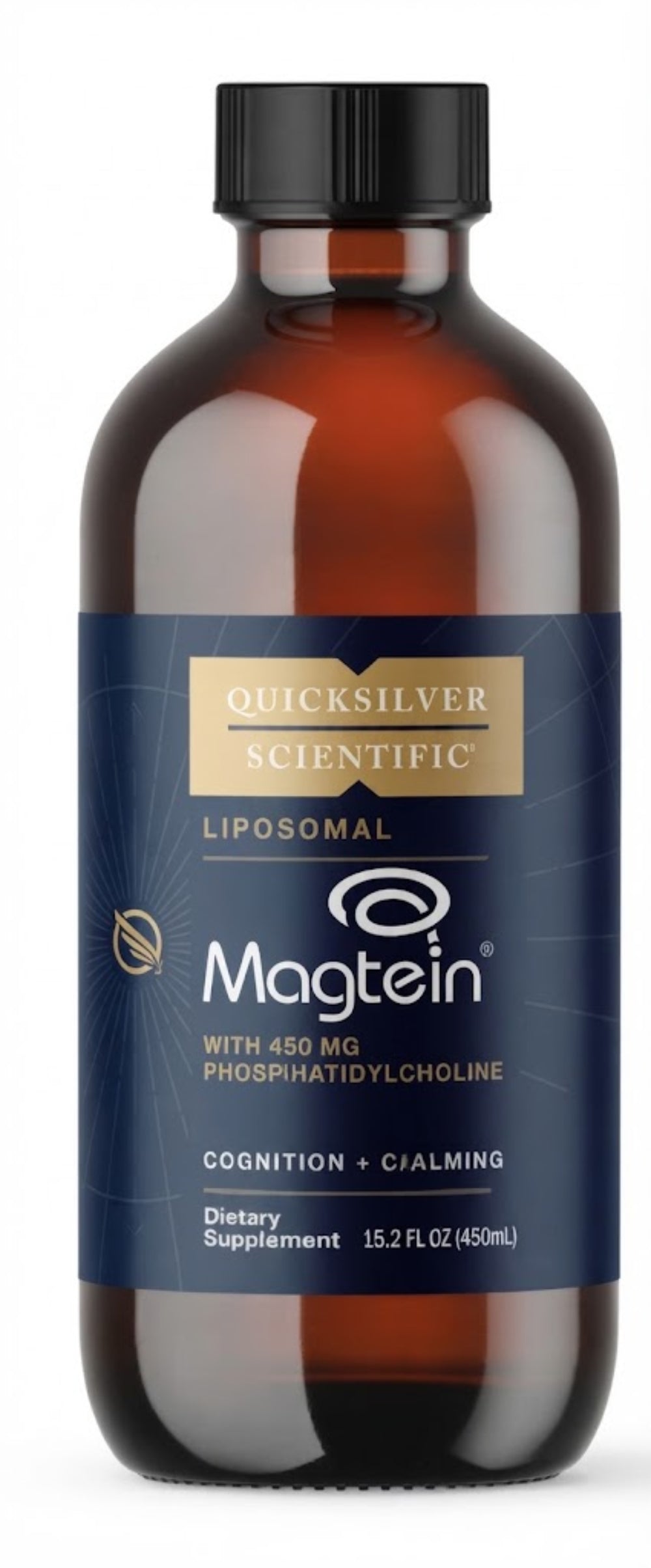 A 15.2 fl oz amber glass bottle of Magtein Quicksilver Scientific dietary supplement with a black cap and a navy blue label.