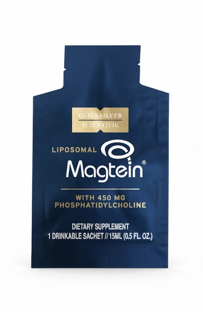 A single Magtein dietary supplement drinkable sachet in dark blue packaging with gold and white text, shown on a plain white background.