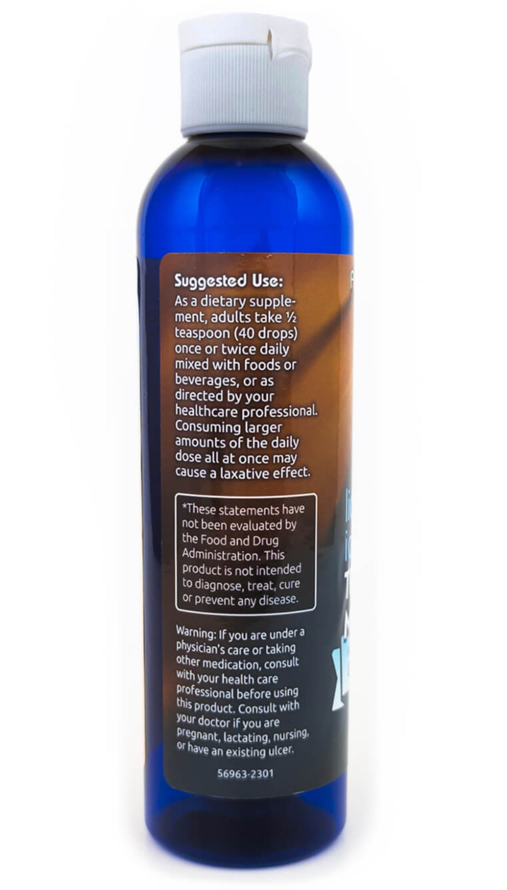 Liquid Ionic Trace Minerals bottle back label with suggested use and warnings for Full Spectrum Mineral Concentrate.