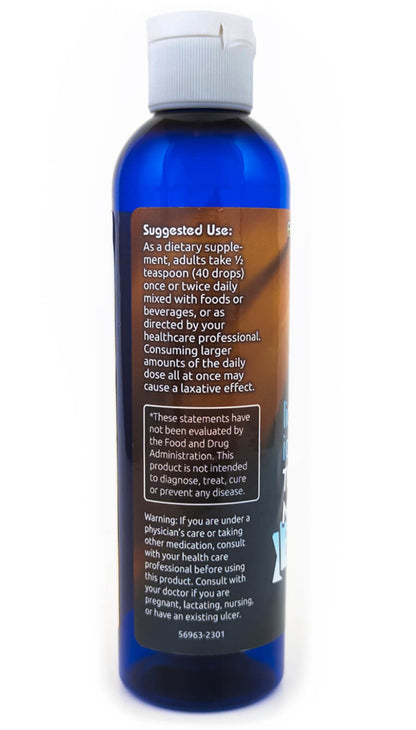 Liquid Ionic Trace Minerals bottle back label with suggested use and warnings for Full Spectrum Mineral Concentrate.