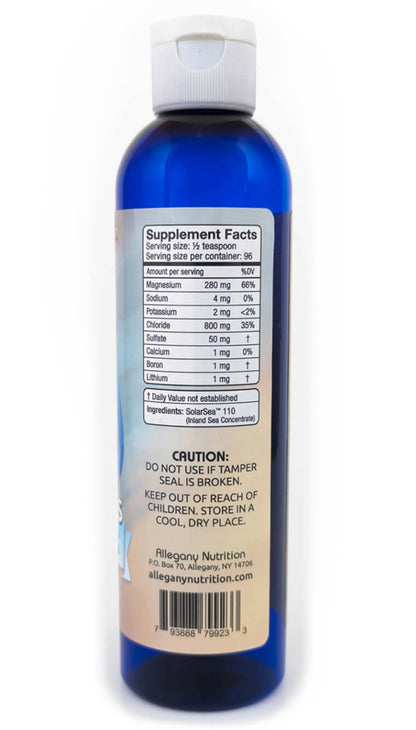 Back label of Liquid Ionic Trace Minerals with supplement facts and usage instructions for Full Spectrum Mineral Concentrate.