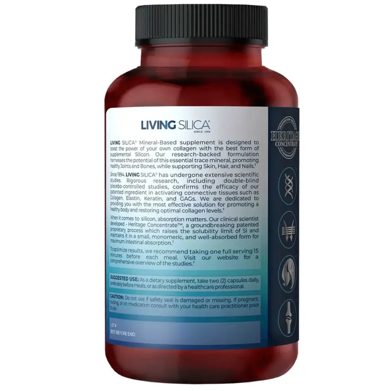 Living Silica supplement bottle with label on a white background