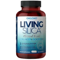 Living Silica Collagen Booster bottle with Monomethylsilanetriol, vegan formula, and 120 capsules for improved collagen production.