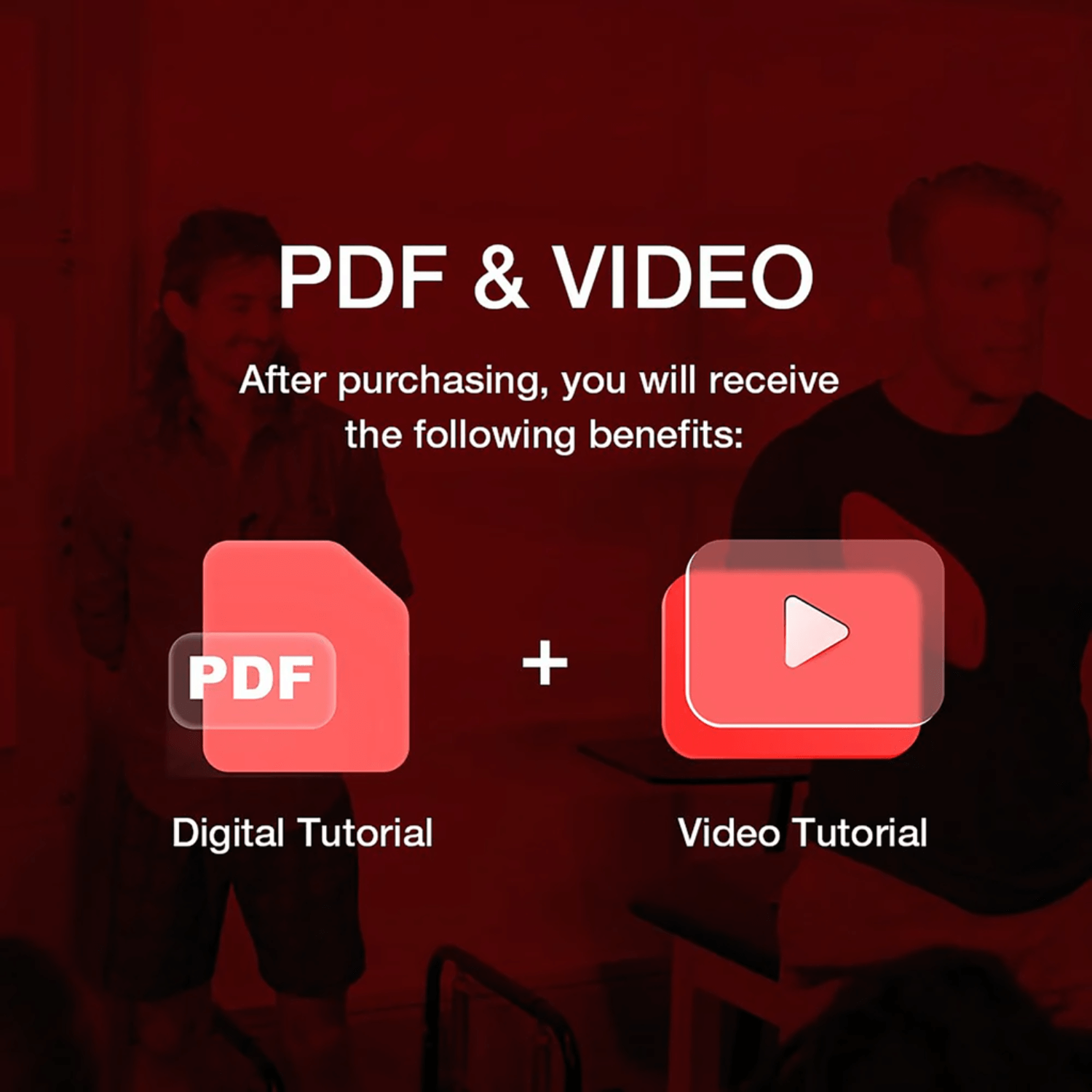 Promotional graphic for PDF and Video tutorials with icons and text overlay.