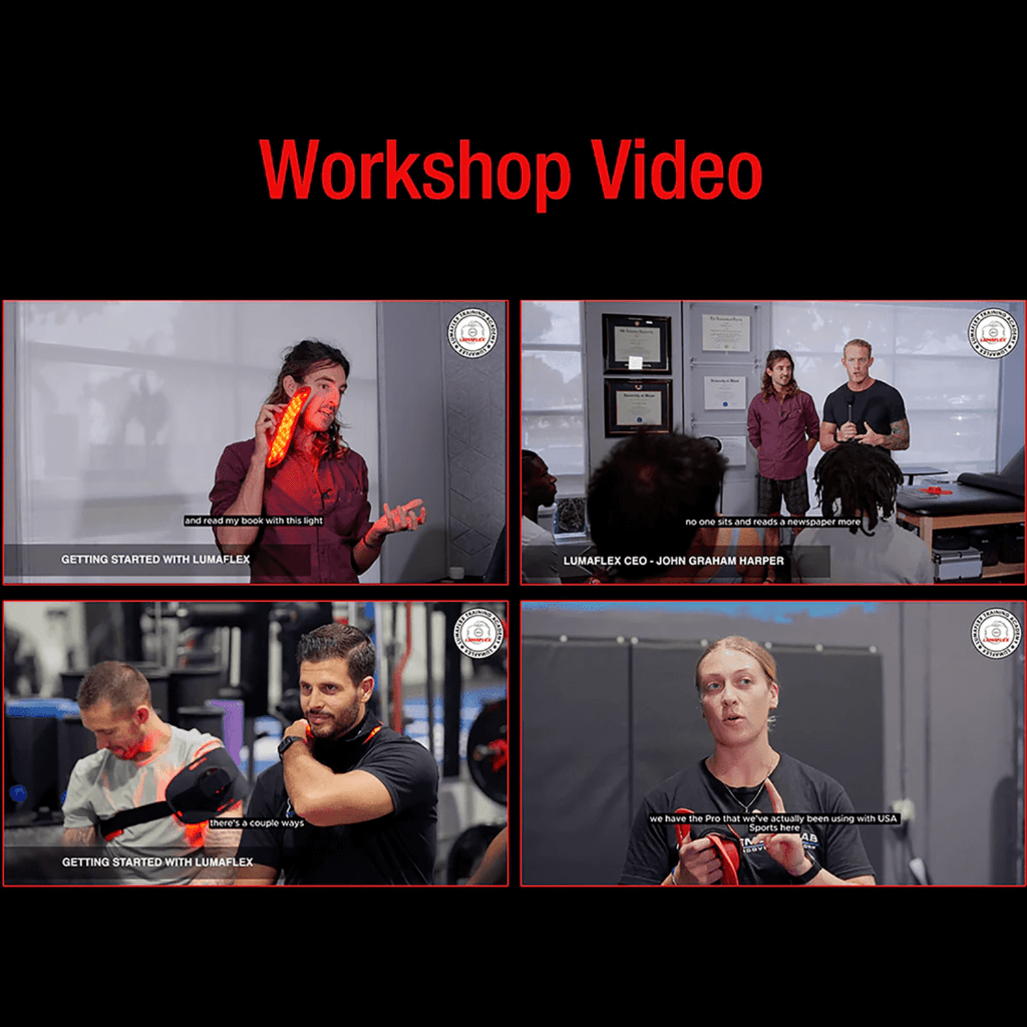 Collage of four video clips from a workshop video with people demonstrating Lumaflex products.