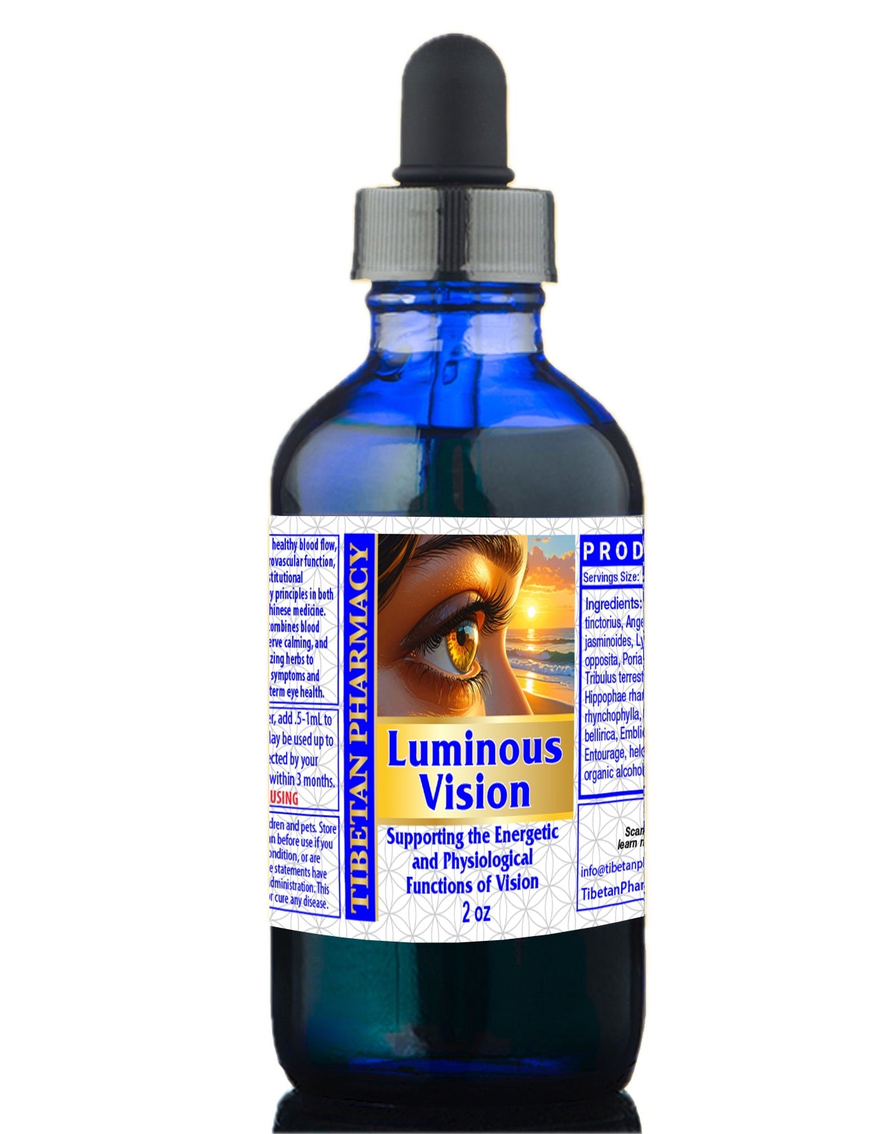 Bottle of Luminous Vision supplement with a dropper on a white background