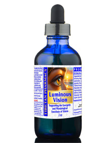 Bottle of Luminous Vision supplement with a dropper on a white background