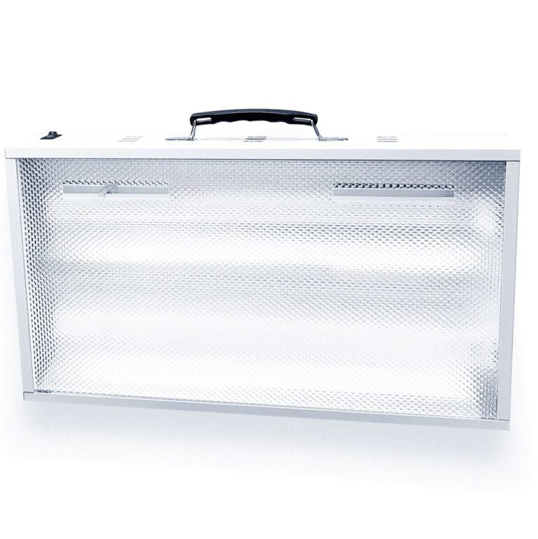 A rectangular silver metal UV light box with a black carrying handle on top, shown against a plain white background.