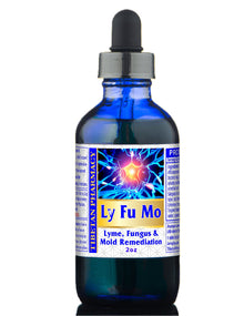 Blue glass bottle with a dropper labeled 'Ly Fu Mo' on a white background