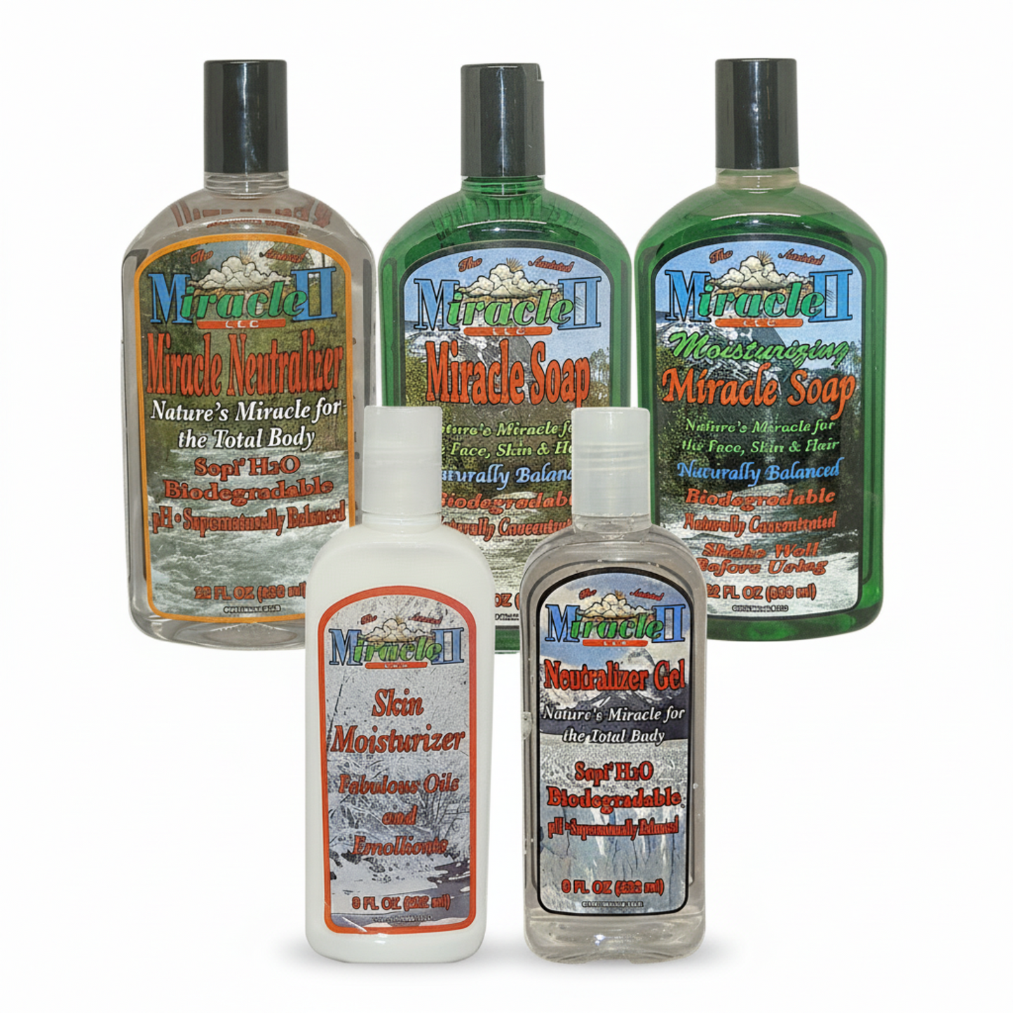 five bottle of Miracle II products 1. Miracle Neutralizer 2. Miracle Soap 3. Moisturizing Miracle Soap 4. Skin Moisturizer 5. Neutralizer Gel