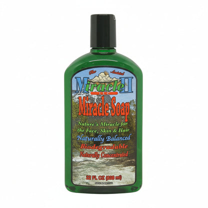 Bottle of non-foaming Miracle Soap II 22oz with a green label on a white background