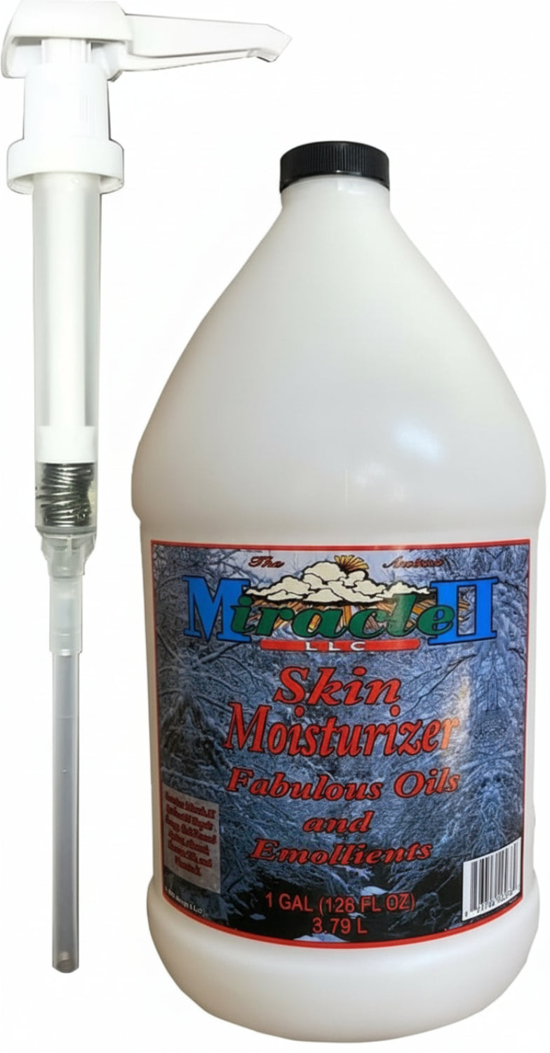 Gallon bottle of MendeI Skin Moisturizer with pump on a white background