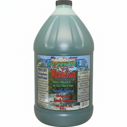 Gallon bottle of Miracle Soap with label on a white background
