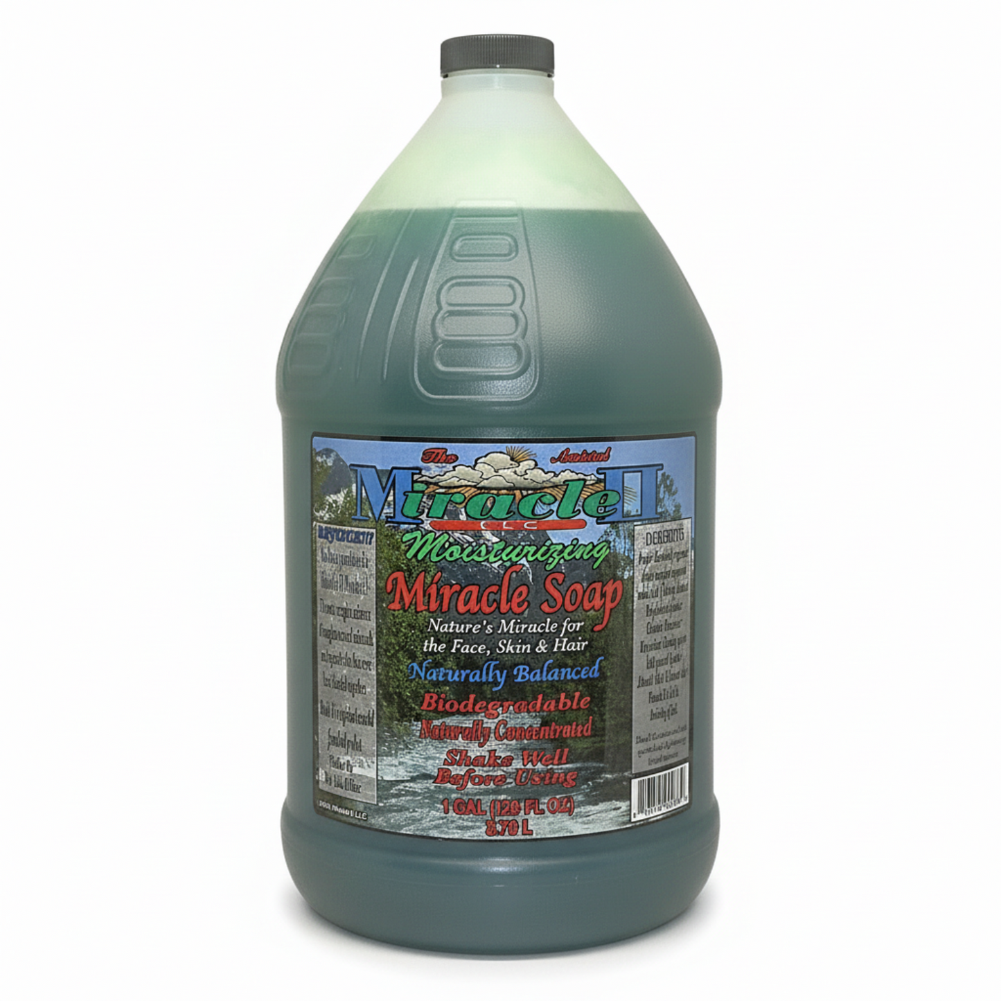 Gallon bottle of Miracle Soap with a label on a white background