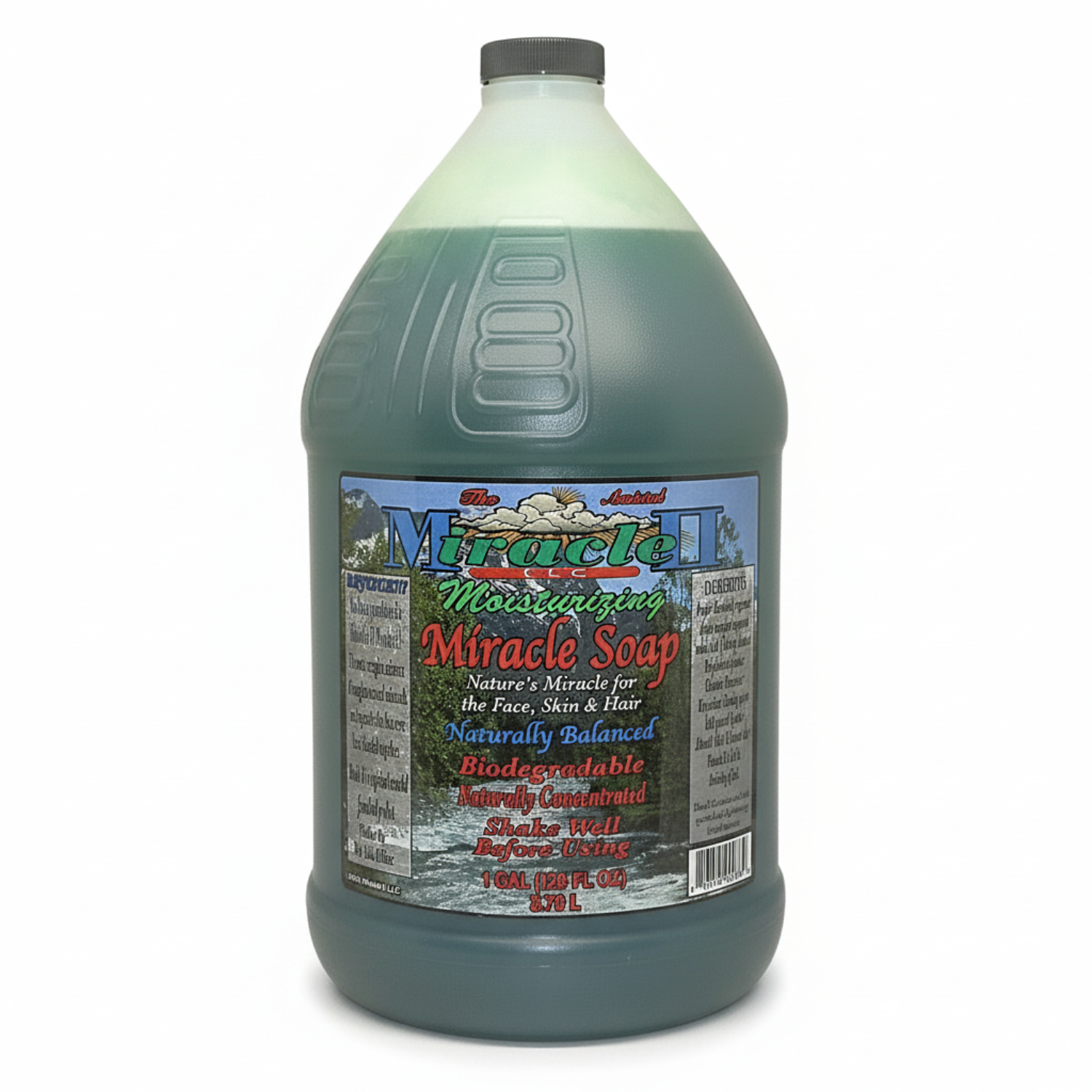 Gallon bottle of Miracle Soap with a label on a white background