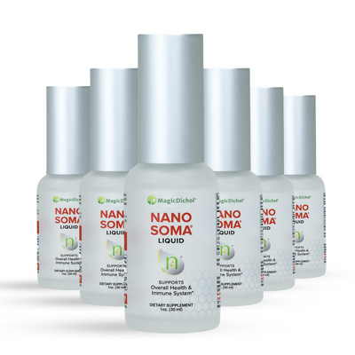 six bottles of Magic Dichol Nano  Soma liquid clear/white bottle with silver top, supports overall health and immune system, dietary supplement 1oz