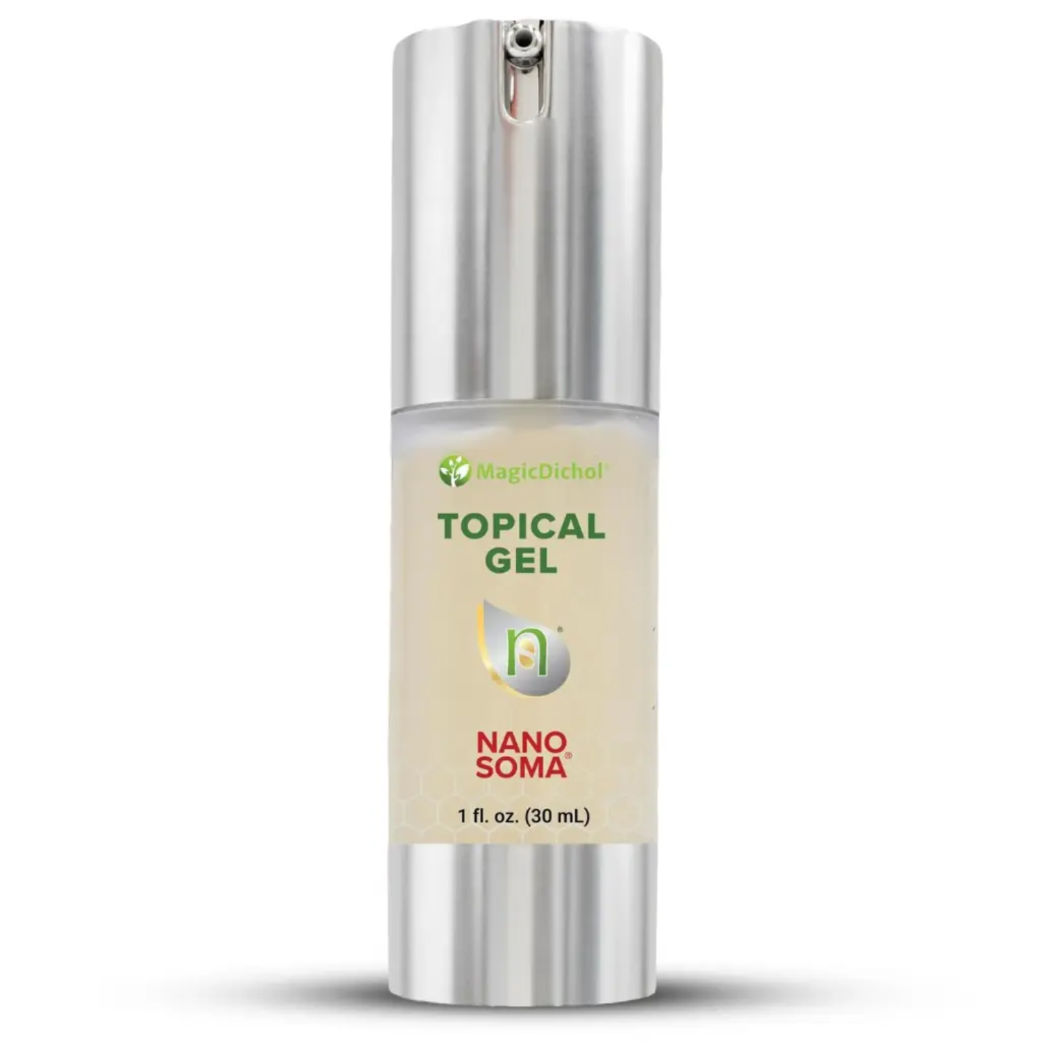 Topical gel bottle with silver cap and beige label on a white background