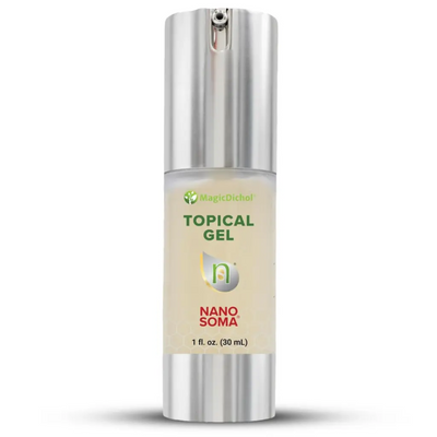 Topical gel bottle with silver cap and beige label on a white background