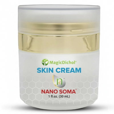 Jar of MagicDichol Nano Soma skin cream on a white background