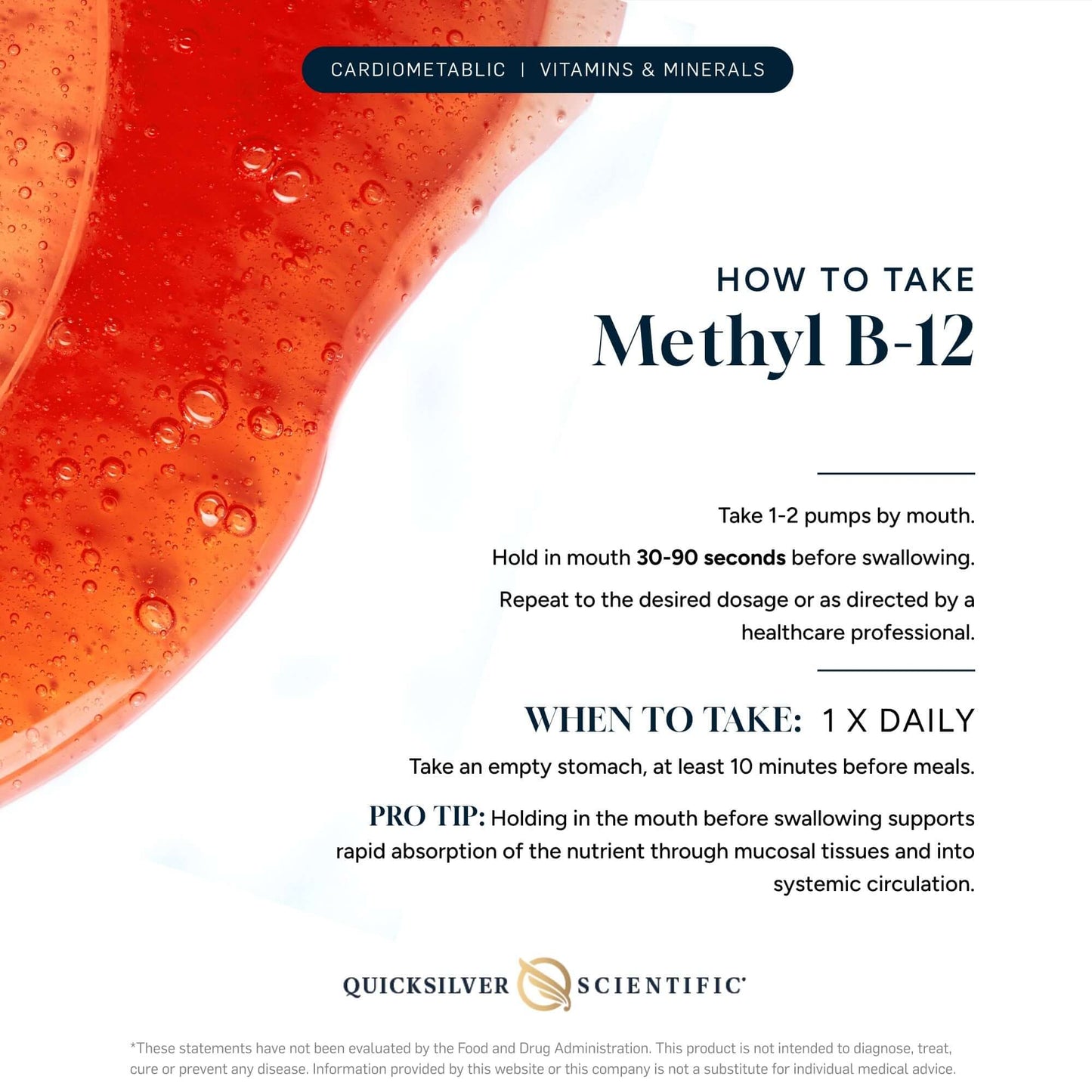 Methyl B-12 supplement information with a red liquid background
