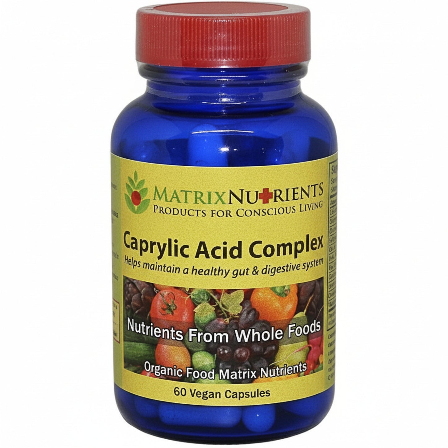 blue glass bottle with red top and yellow label, Matrix Nutrients, Products of Conscious Living, Caprylic Acid Complex, helps maintain a healthy gut and digestive system, nutrients from whole foods, organic food matrix nutrients, 60 vegan capsules