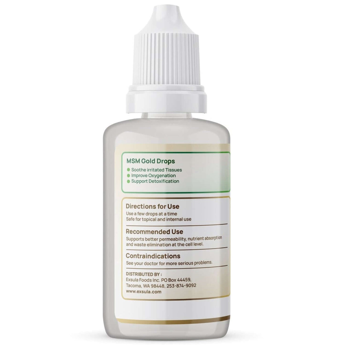 Bioavailable Liquid MSM Drops in a bottle with usage instructions and benefits.
