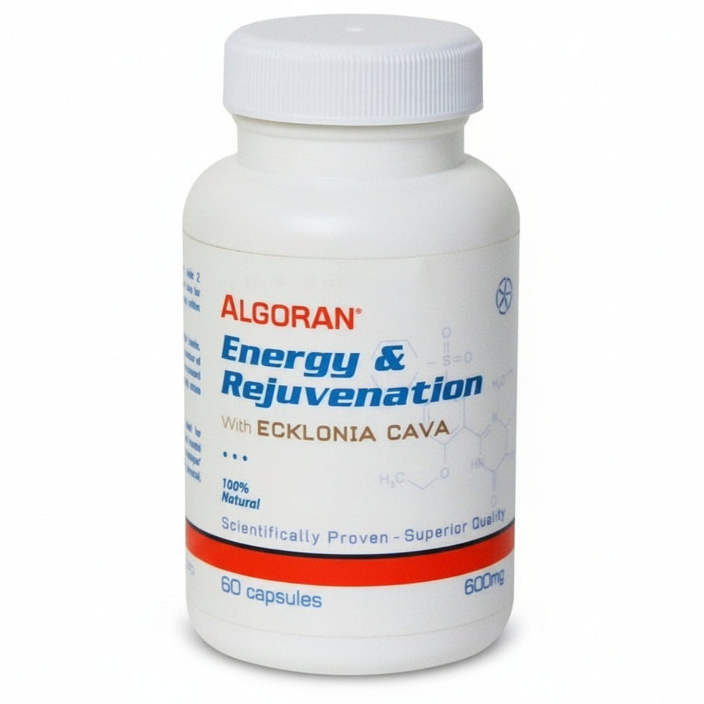 white bottle with orange stripe of Algoran Energy & Rejuvenation with Ecklonia Cava, 100% natural, scientifically proven, superior quality, 60 capsules 600mg