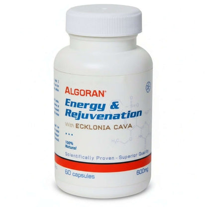 white bottle with orange stripe of Algoran Energy & Rejuvenation with Ecklonia Cava, 100% natural, scientifically proven, superior quality, 60 capsules 600mg