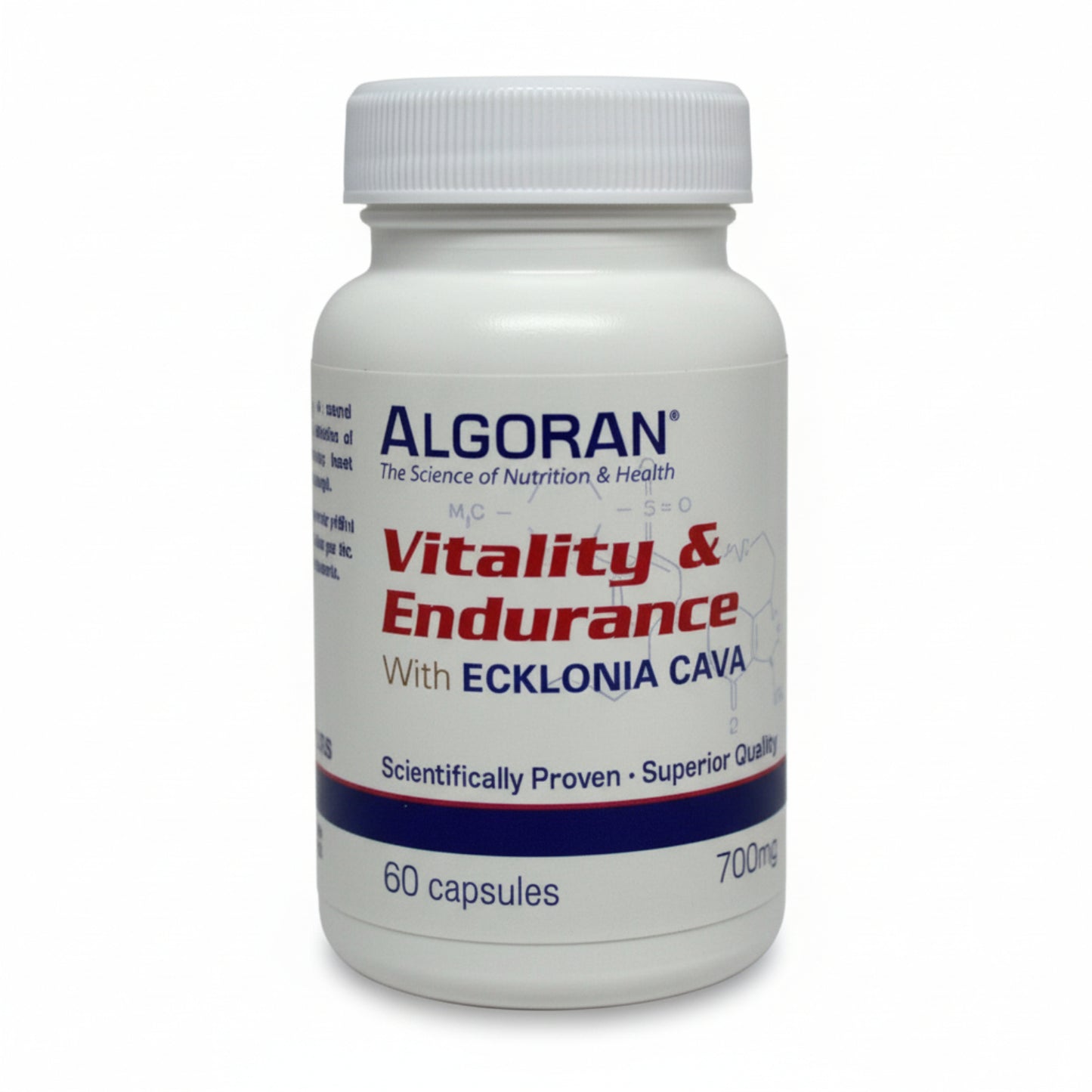 white bottle with blue stripe of Algoran Vitality & Endurance with Ecklonia Cava, Scientifically Proven, Superior Quality, 60 capsules 700mg
