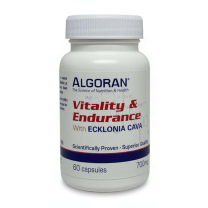 white bottle with blue stripe of Algoran Vitality & Endurance with Ecklonia Cava, Scientifically Proven, Superior Quality, 60 capsules 700mg
