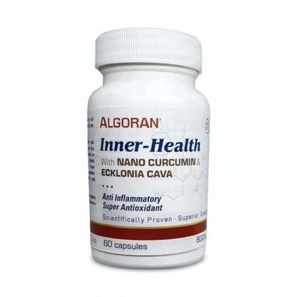 white bottle with orange stripe of Algoran Inner-Health with Nano Curmumin & Ecklonia Cava, Anti Inflammatory, Super Antioxidant, Scientifically Proven, Superior Quality, 60 capsules 600mg