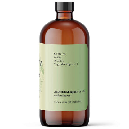 Brown glass bottle with a green label on a white background