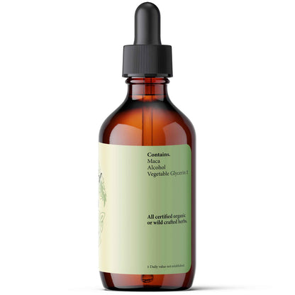 Brown glass bottle with dropper labeled 'Contains: Maca, Alcohol, Vegetable Glycerin' on a white background