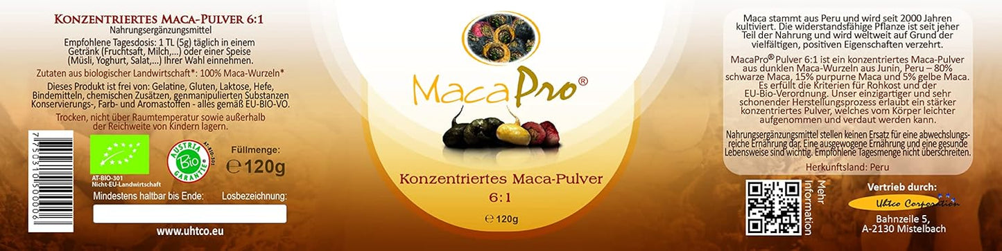 MacaPro maca powder packaging with text and QR code