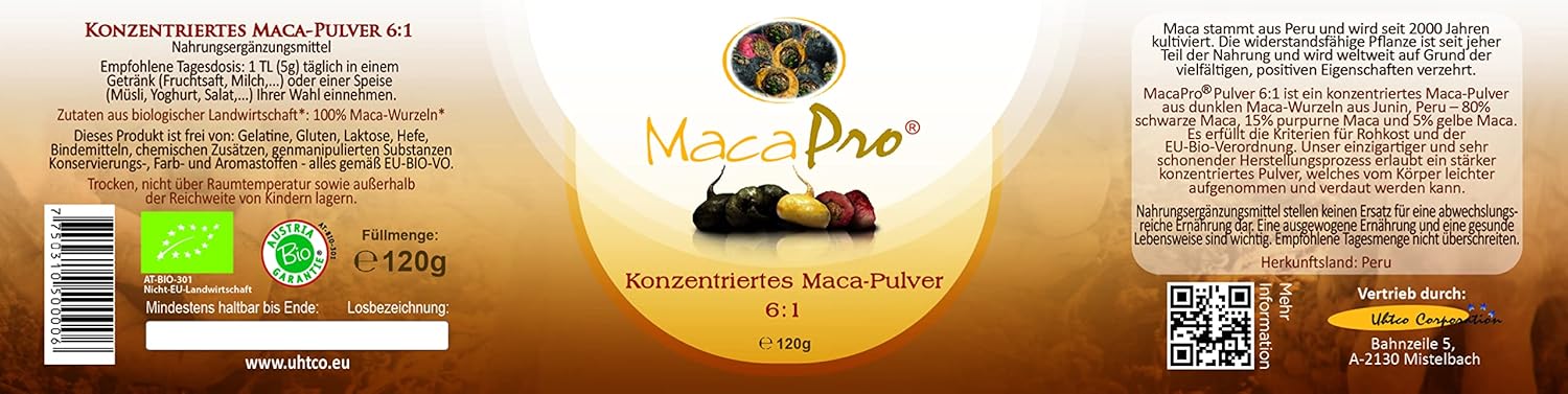 MacaPro maca powder packaging with text and QR code