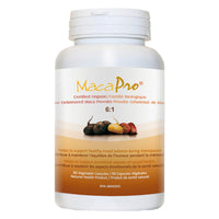 MacaPro for Balanced Energy and Hormonal Support supplement in a bottle, 90 vegetable capsules.
