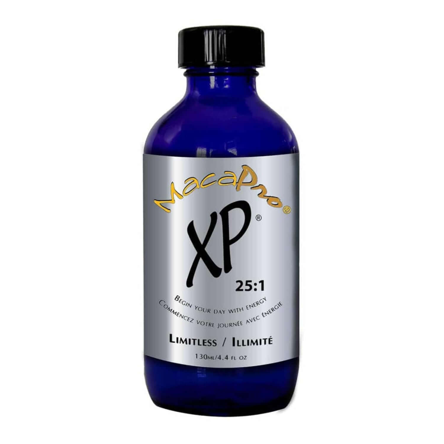 Blue bottle with a silver label featuring 'MacaPro XP 25:1' on a white background