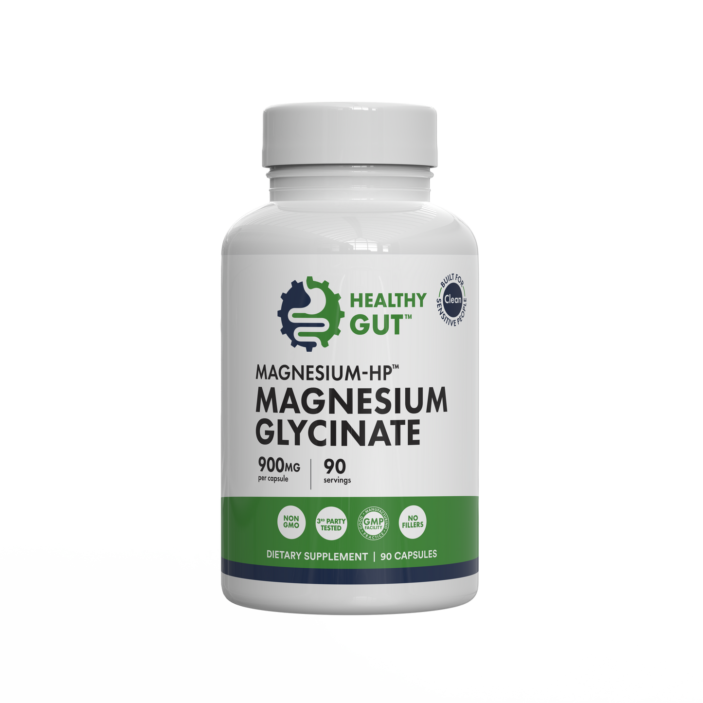Magnesium-HP - Magnesium for Sensitive Guts, a dietary supplement with 900mg magnesium glycinate in 90 capsules.