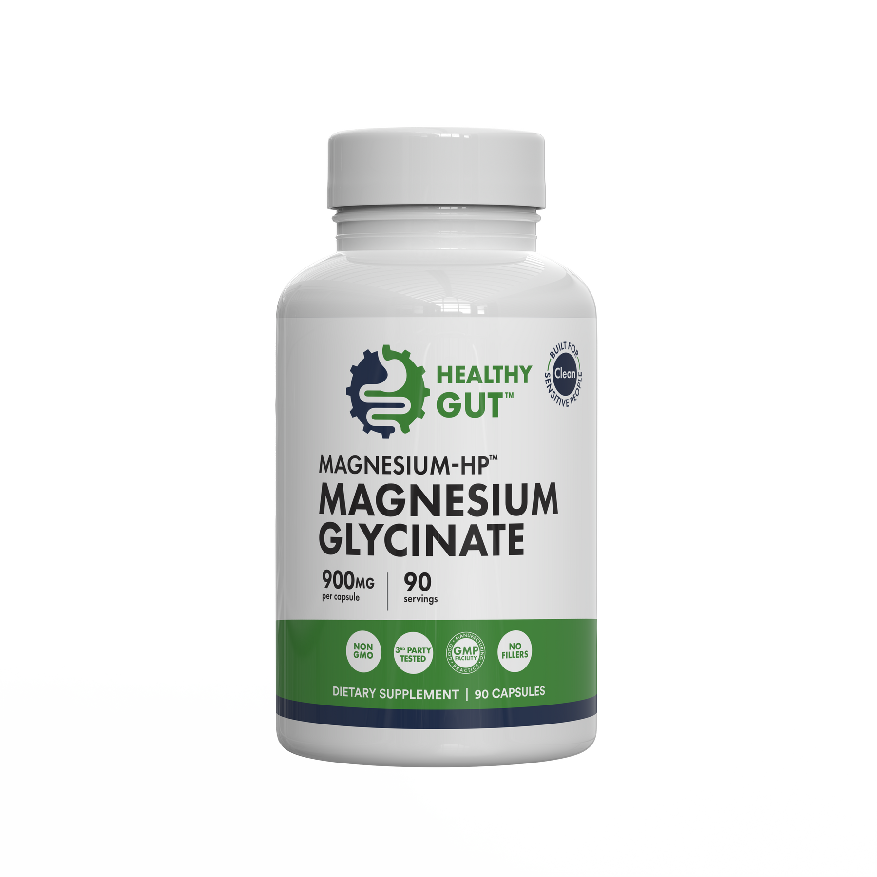 Magnesium-HP - Magnesium for Sensitive Guts, a dietary supplement with 900mg magnesium glycinate in 90 capsules.