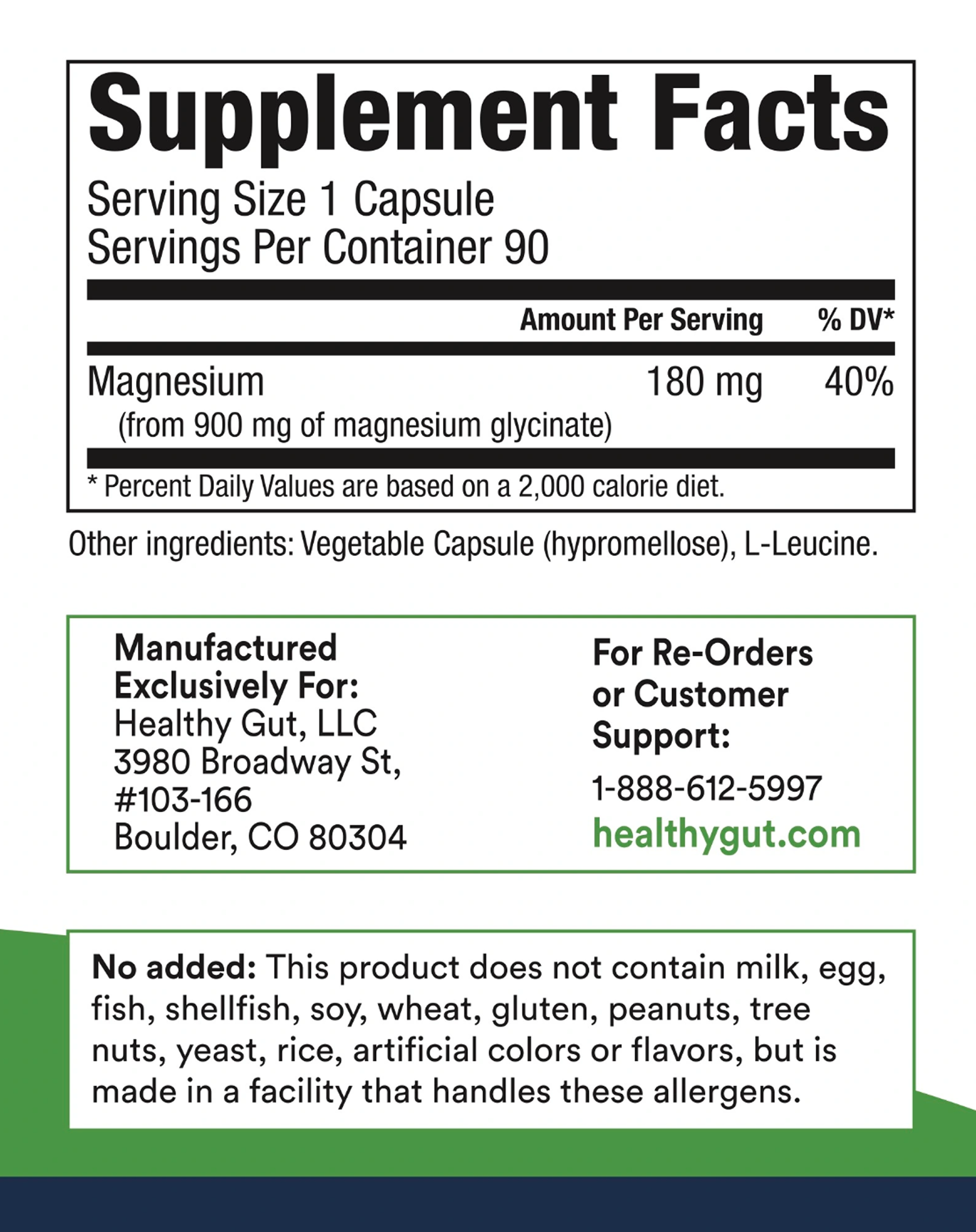 Supplement facts label for Magnesium-HP, Magnesium for Sensitive Guts by Healthy Gut, detailing ingredients and serving size.