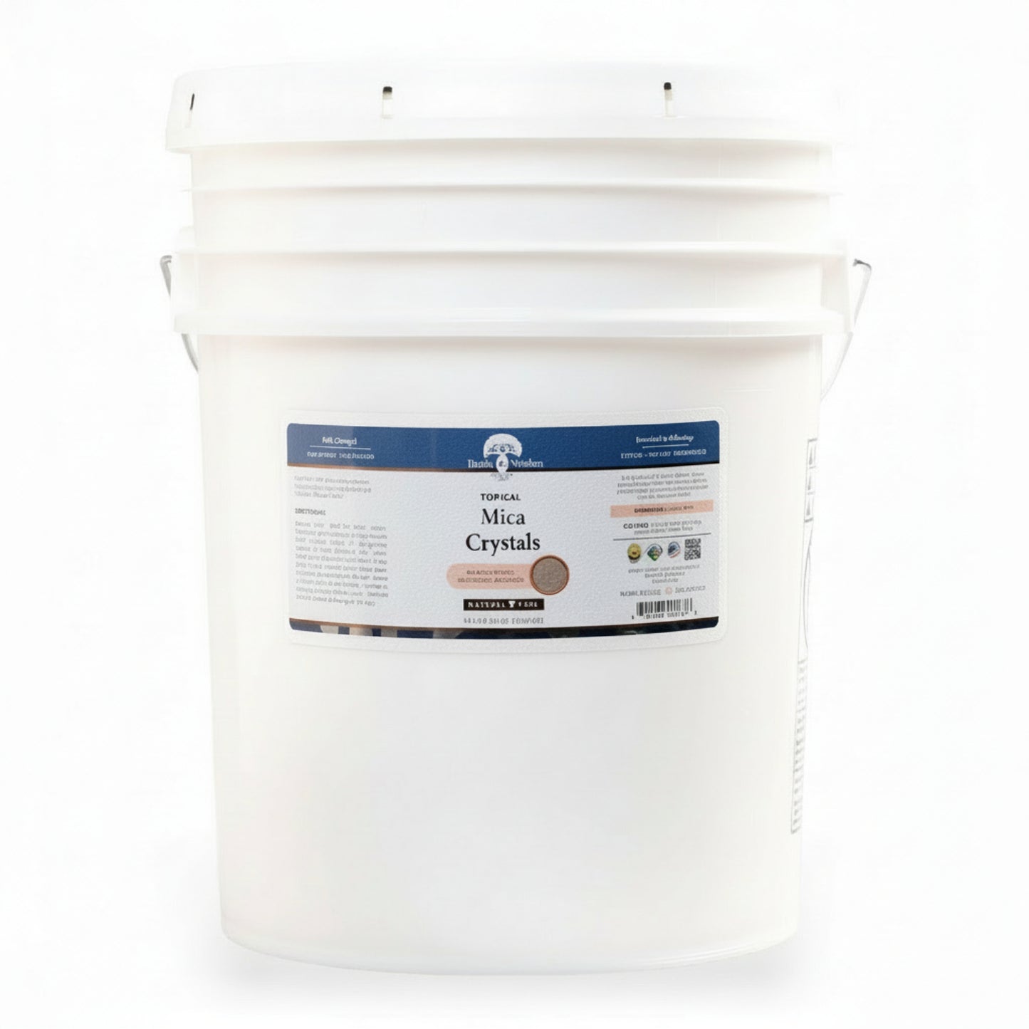 White bucket labeled 'Topical Mica Crystals 30lbs' on a white background