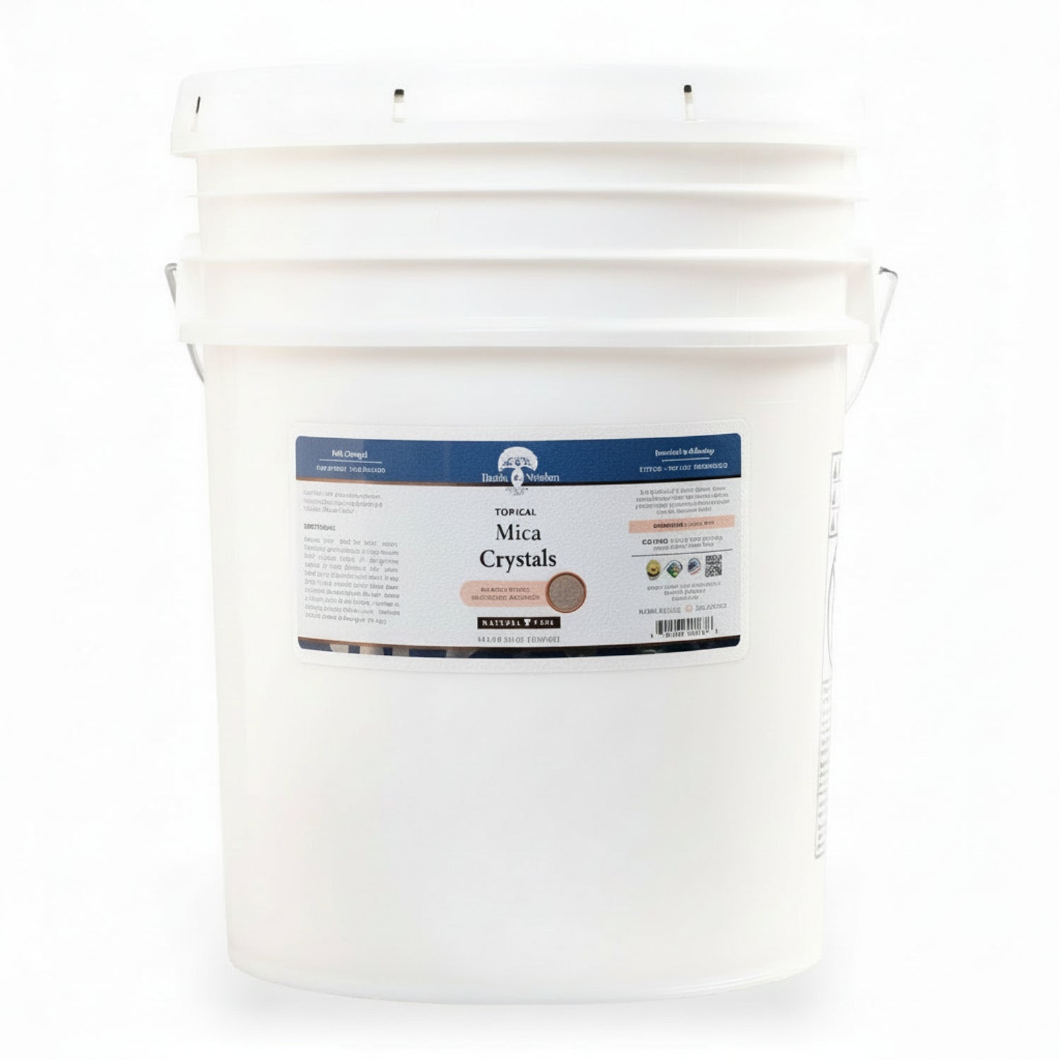 White bucket labeled 'Topical Mica Crystals 30lbs' on a white background