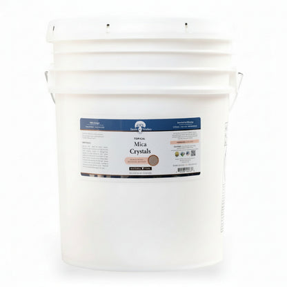 White bucket labeled 'Topical Mica Crystals 30lbs' on a white background