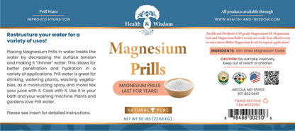 Health Wisdom Magnesium Prills packaging with text and product details.